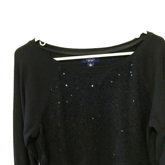 Chaps Sequined Long Sleeve Tee Sparkly Festive Crew Neck Sz Large Black Event - Picture 2 of 7